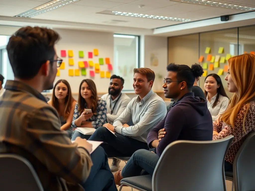 A diverse group of professionals engaged in a leadership workshop, with a facilitator guiding the session, representing the Leadership Development Program.