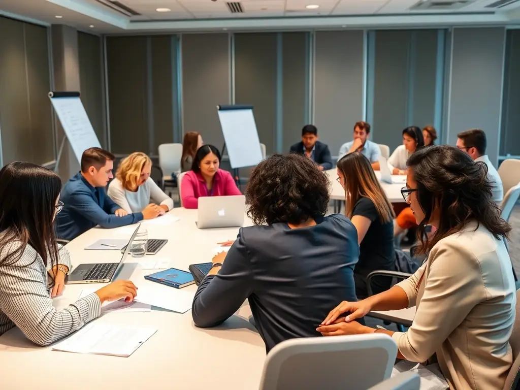 A diverse group of South African business professionals participating in a leadership development workshop, engaging in a team-building exercise with enthusiasm and collaboration.