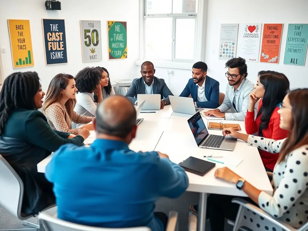 A diverse team of professionals participating in a leadership development workshop, focusing on strategic thinking and decision-making, set against the backdrop of a modern South African business environment.