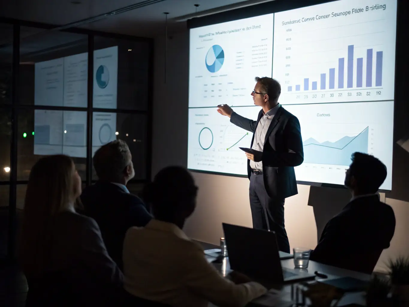 A consultant presenting strategic plans to a group of business executives in a modern conference room, emphasizing data-driven analysis and tailored insights for the South African market.