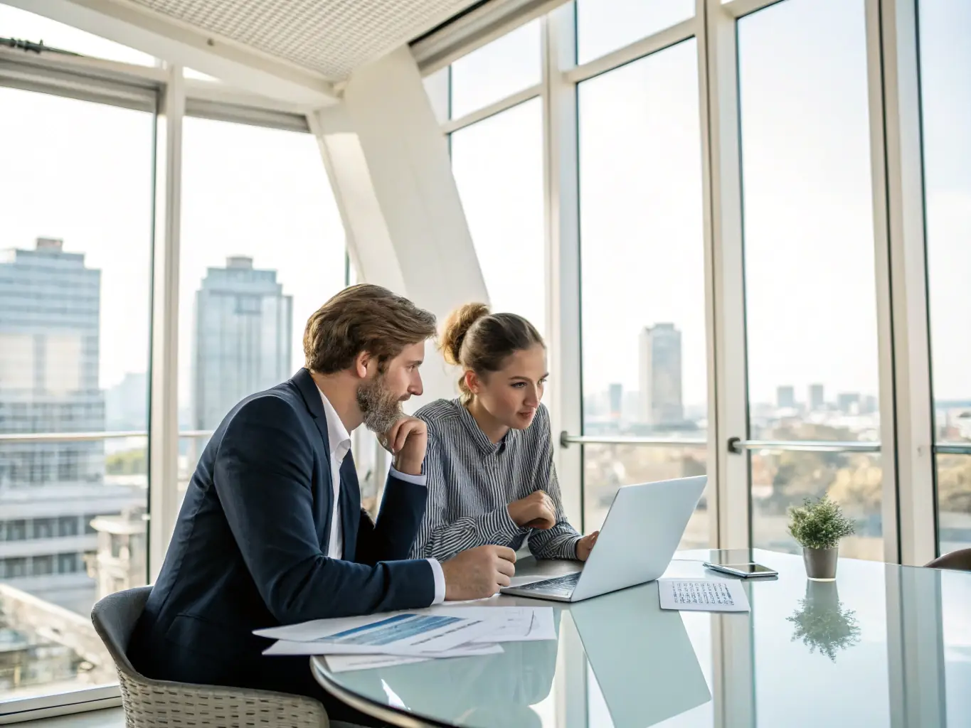 A South African business consultant meeting with a client in a modern office, discussing business strategies and market trends with data-driven insights and a collaborative approach.