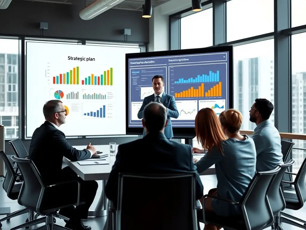 A consultant presenting strategic plans to a group of business executives in a modern conference room, representing the Business Strategy Consulting service.