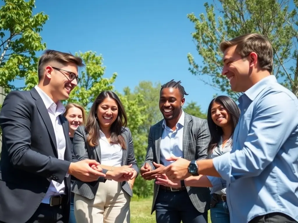 A dynamic team of employees engaged in a collaborative problem-solving activity outdoors, showcasing teamwork and communication skills in a relaxed setting.